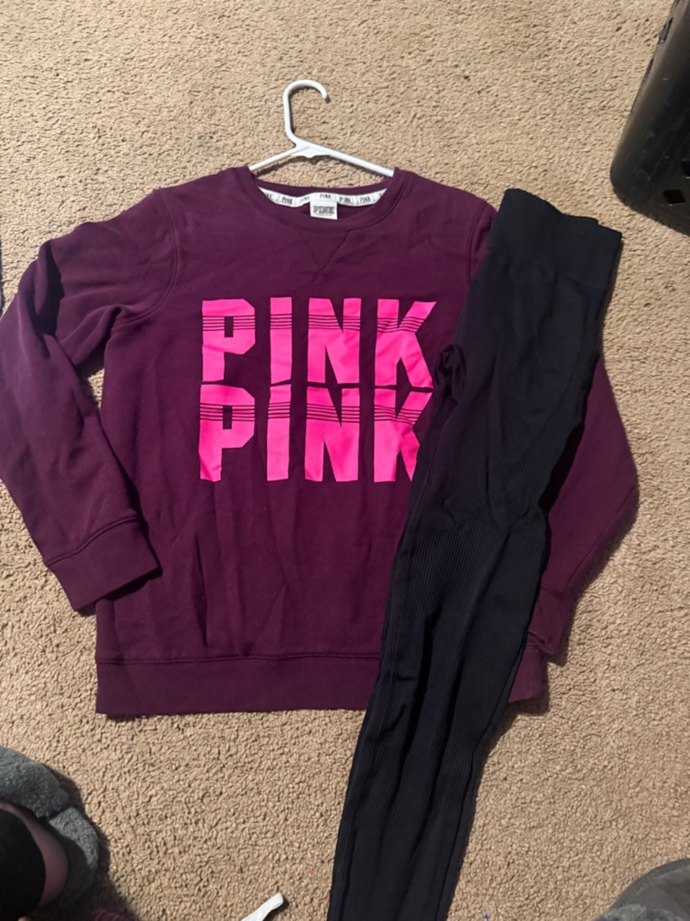 PINK Victoria's Secret Maroon Sweater with Hot Pink Logo and Black Leggings